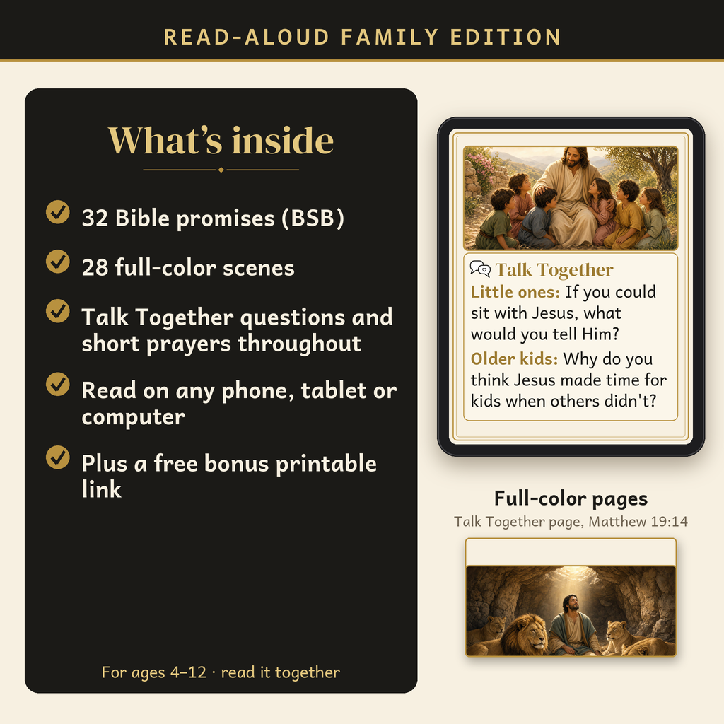 Color the Promise Read-Aloud Family Edition — what's inside: 32 Bible promises, 28 painted scenes and Talk Together questions